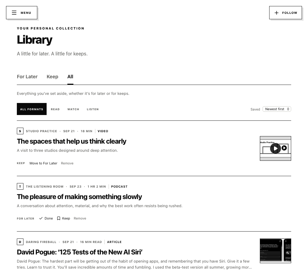 Daily View Library showing For Later and Keep items with format and saved-date controls