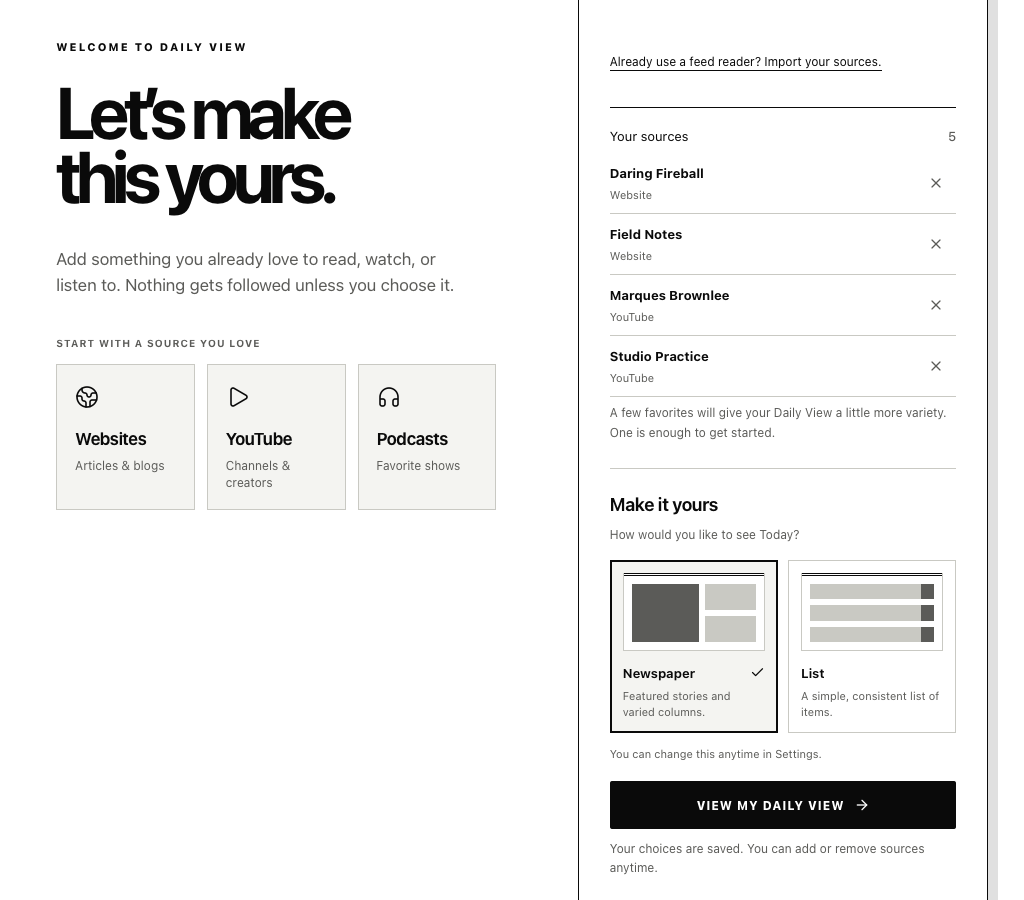 Daily View onboarding showing chosen sources, import access, and newspaper or list layout options