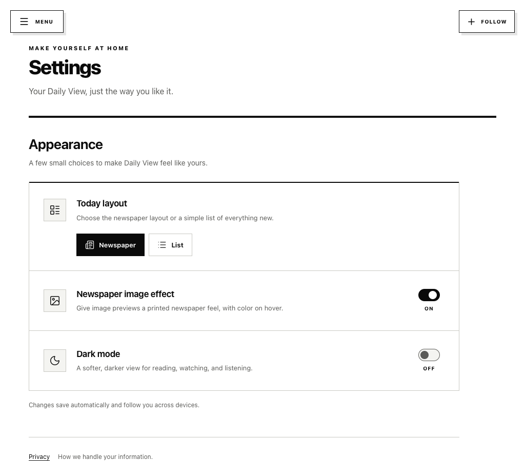 Daily View Settings showing Today layout, newspaper image effect, and dark mode preferences
