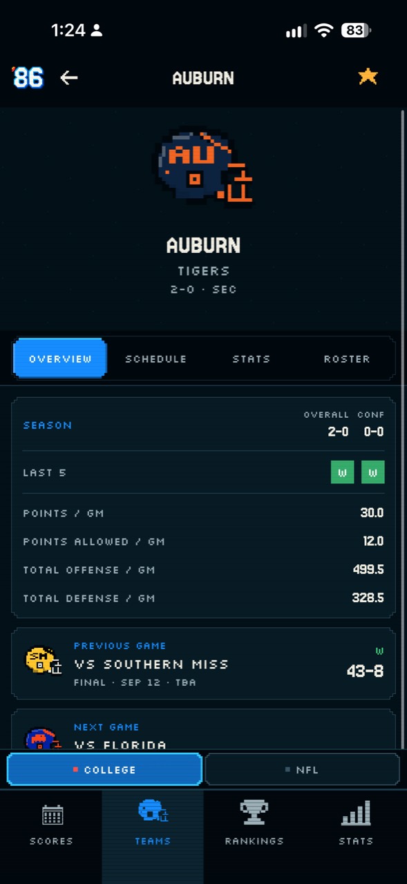 Football ’86 Auburn team page with season record, statistics, and recent games