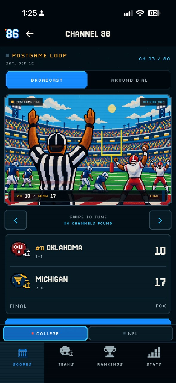 Football ’86 Channel 86 postgame broadcast with original pixel football art