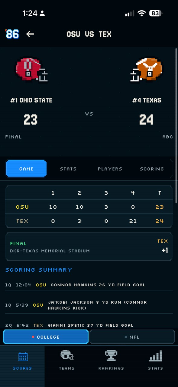 Football ’86 game detail screen showing Ohio State versus Texas scoring and game summary