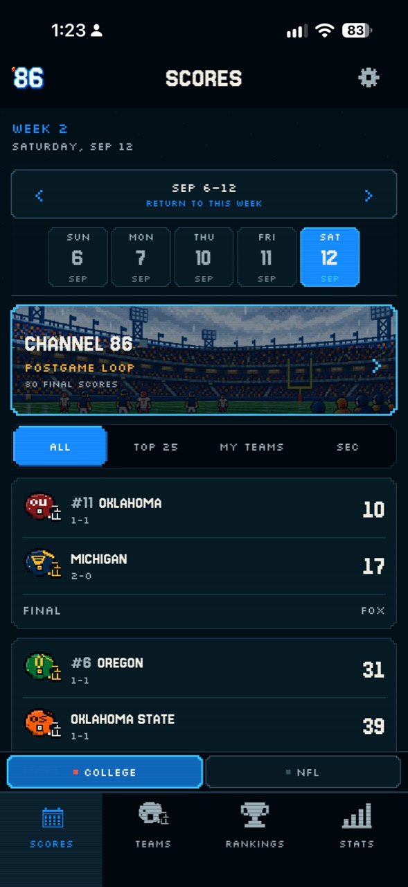 Football ’86 scores screen with date navigation, filters, and college football results